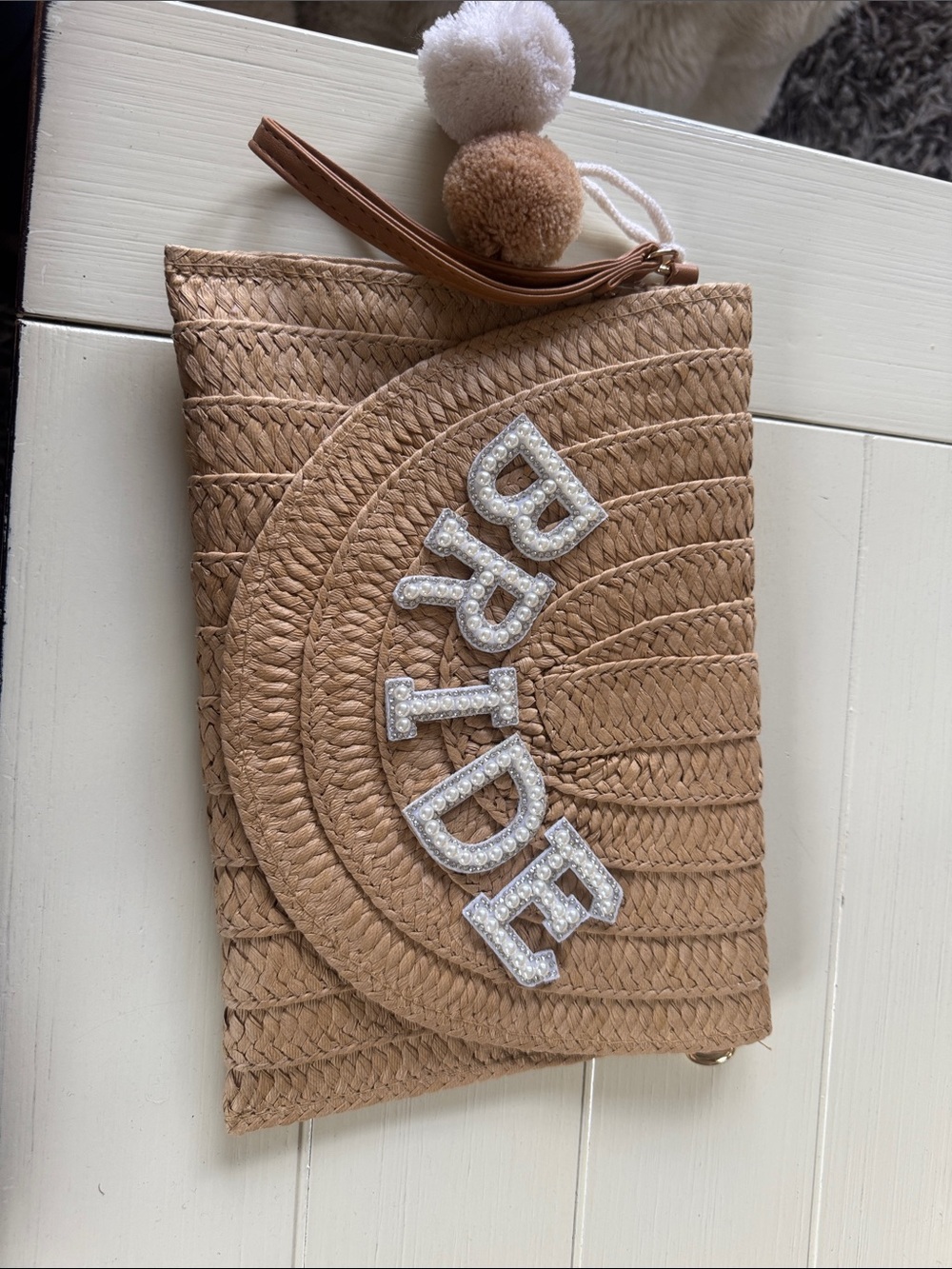 Bride Beaded Accent Tan Straw Wristlet Clutch
